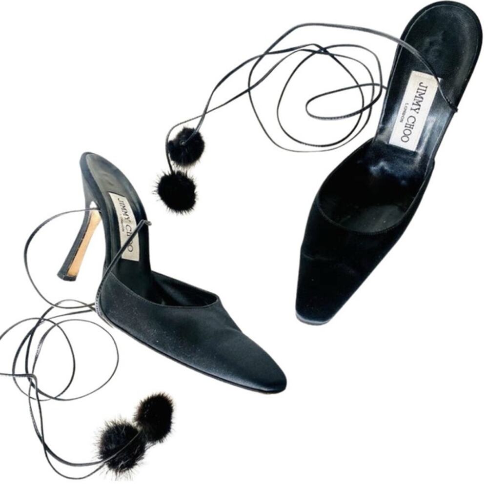 JIMMY CHOO Classic Black Pointy Toe Open Fur Pom Tie Wrap Heeled Mules Shoes 36
